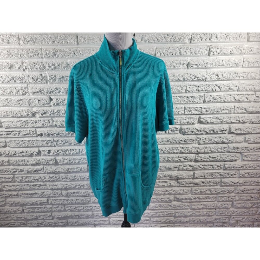 Liz & Me Womens Sweater 0X Blue Cotton Turtleneck Full Zip Short Sleeve SWE149E